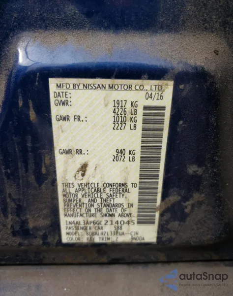 2016 Nissan Altima 2.5 from USA, damaged, VIN 1N4AL3AP6GC214045